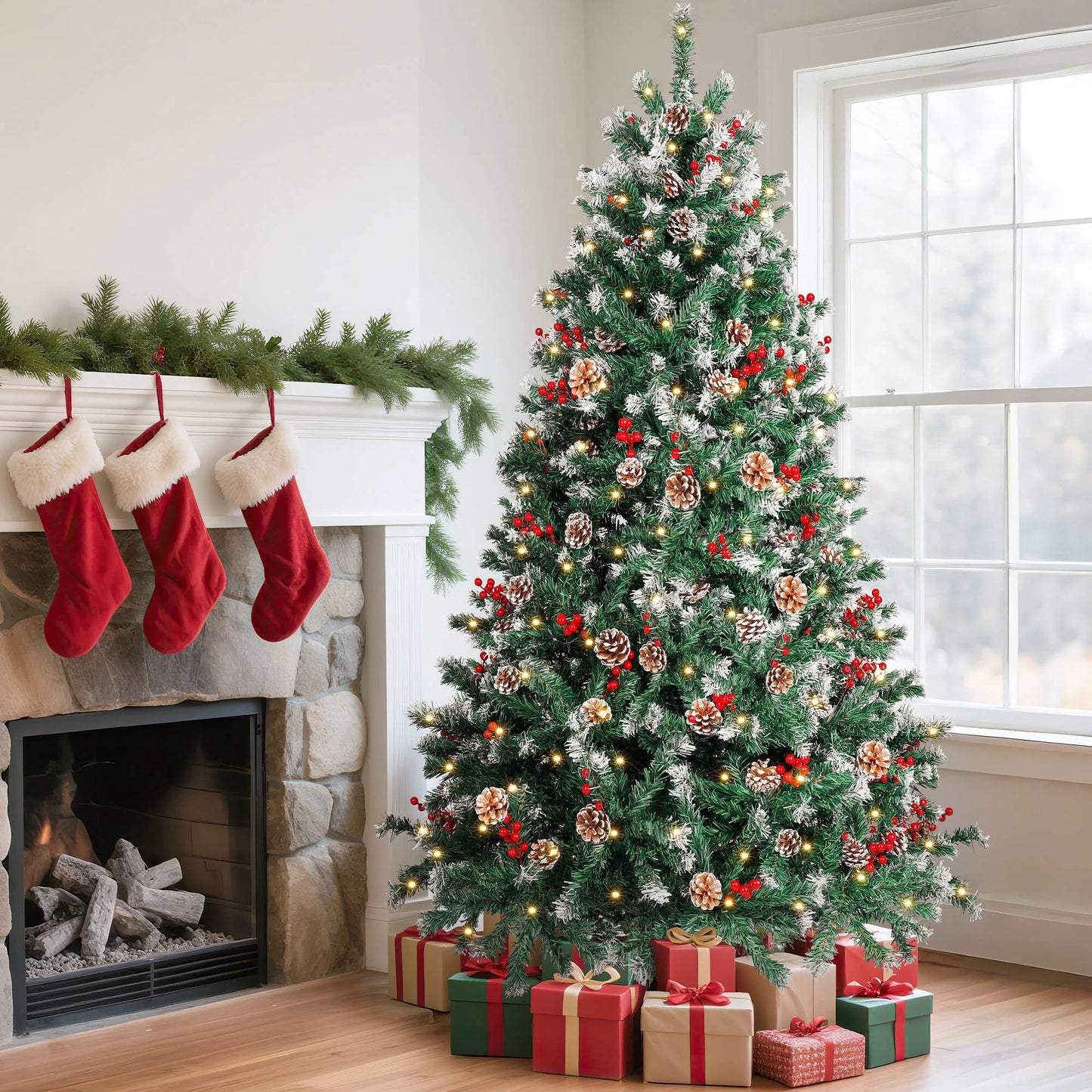 6Ft Pre-Lit Artificial Christmas Tree W/800 Tips, Holiday Decoration with 250 Warm White Lights, 54 Pines & 54 Red Berries, Hinged Xmas Tree for Home, Office, Party