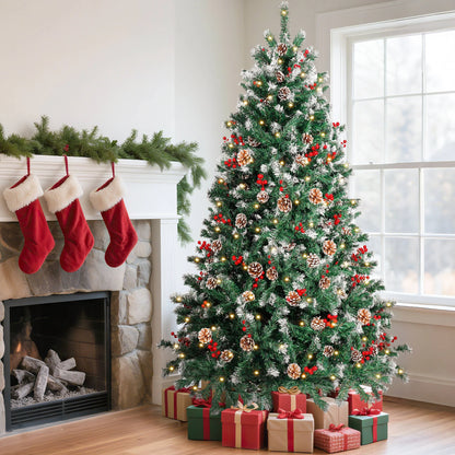 6Ft Pre-Lit Artificial Christmas Tree W/800 Tips, Holiday Decoration with 250 Warm White Lights, 54 Pines & 54 Red Berries, Hinged Xmas Tree for Home, Office, Party