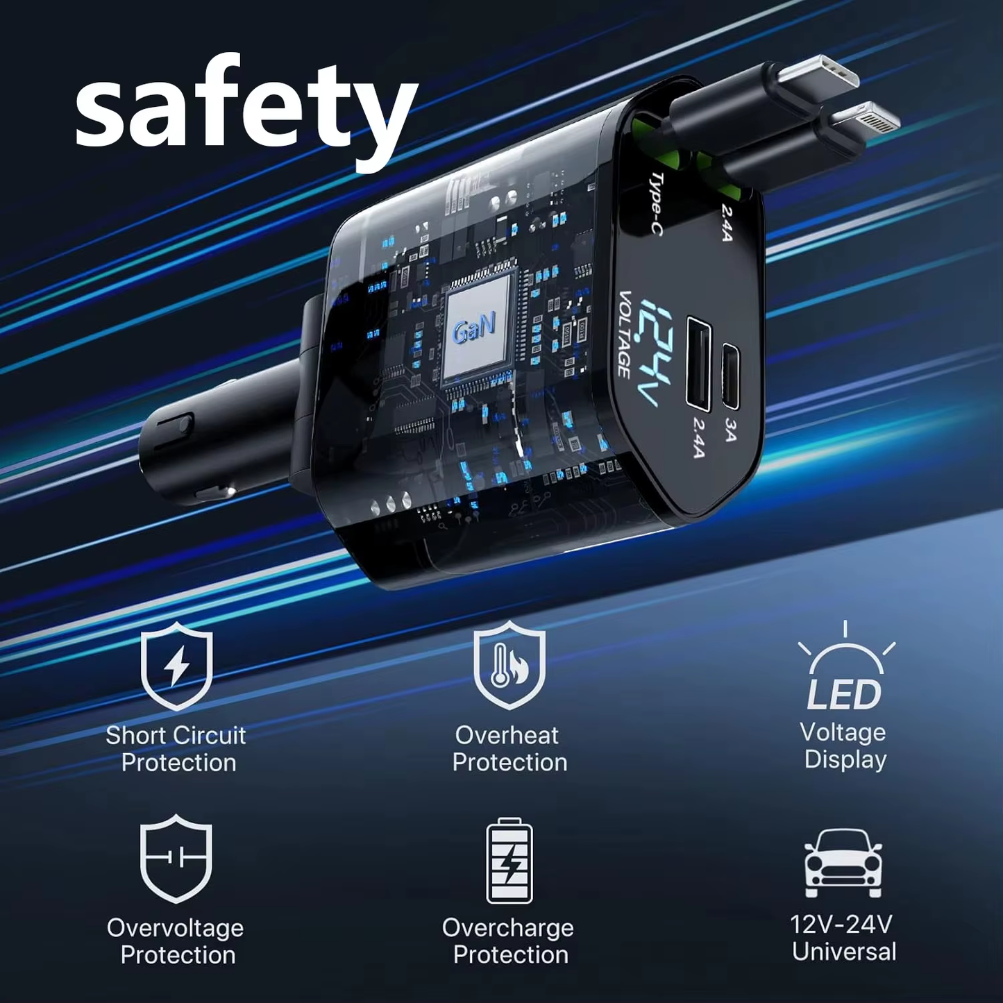 Cargador Retráctil de Coche 120W con Carga Rápida