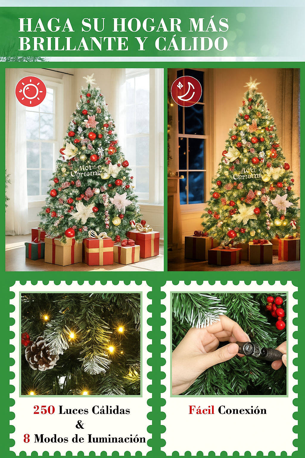 Árbol de Navidad 1,8 m con Luces, Piñas y Bayas Rojas