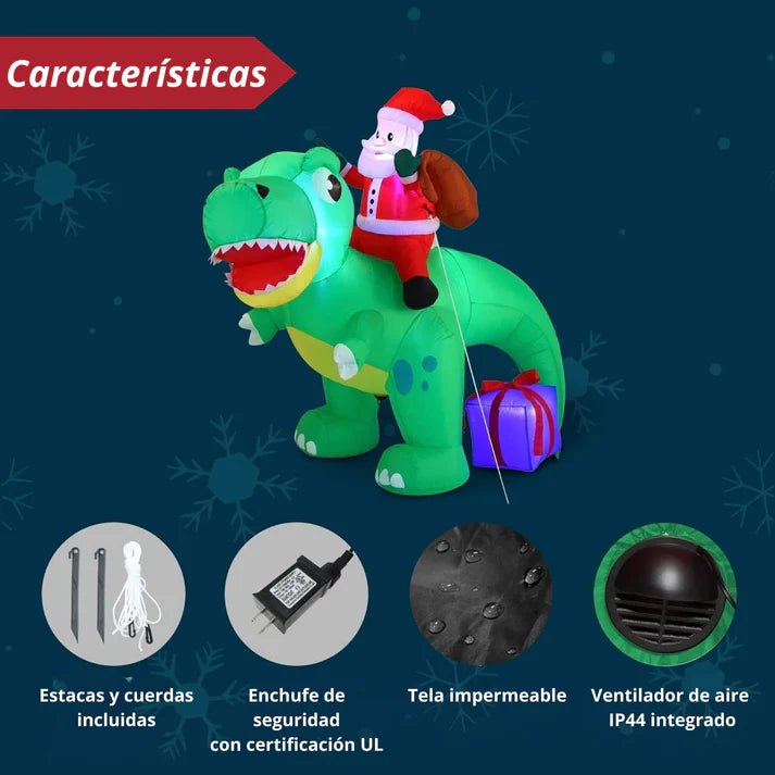 Inflable Navideño Dinosaurio con Papá Noel 1,82 m con Luces L