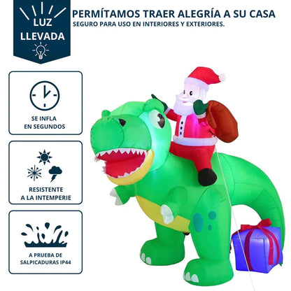 Inflable Navideño Dinosaurio con Papá Noel 1,82 m con Luces L
