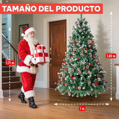 Árbol de Navidad 1,8 m con Luces, Piñas y Bayas Rojas