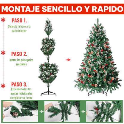 Árbol de Navidad 1,8 m con Luces, Piñas y Bayas Rojas