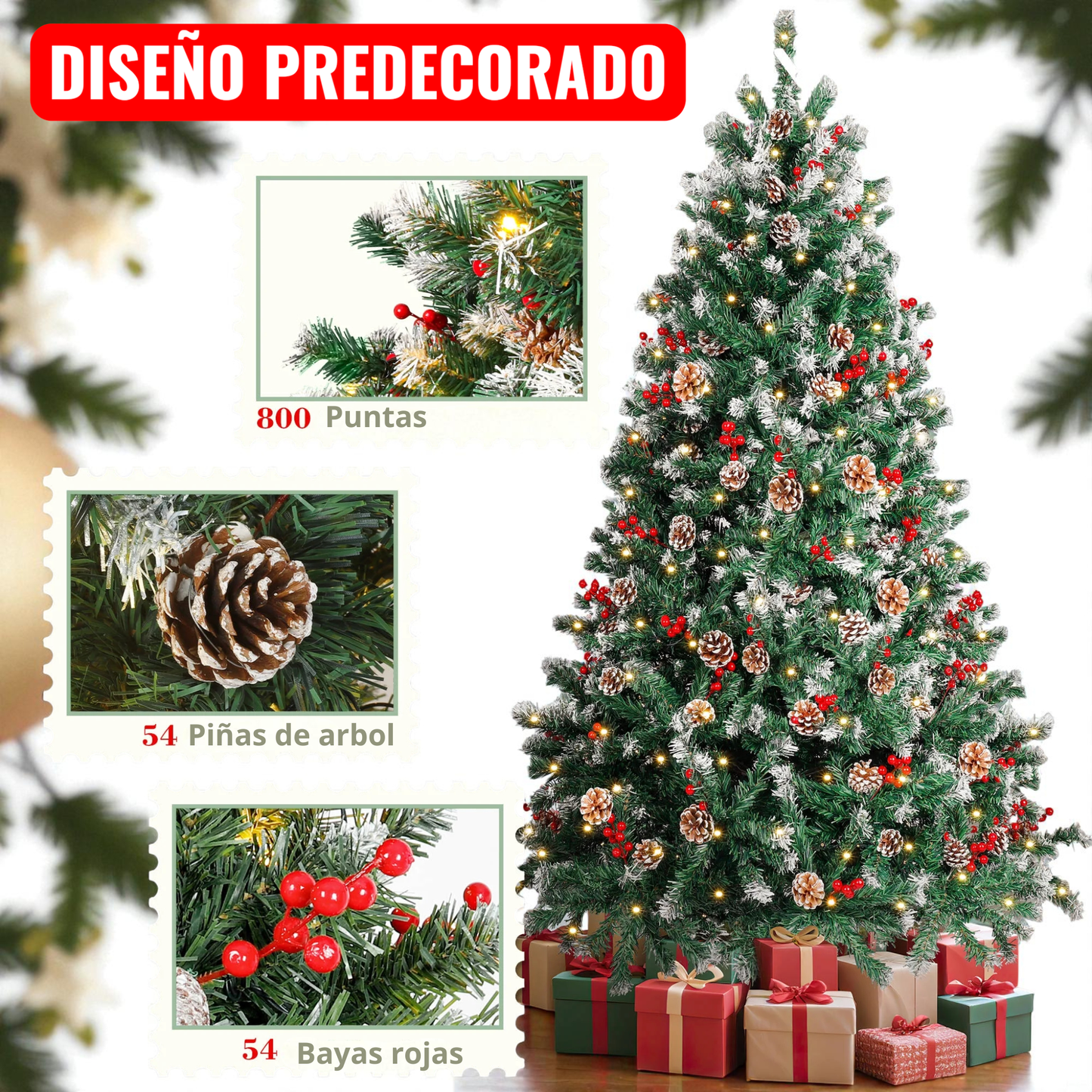 Árbol de Navidad 1,8 m con Luces, Piñas y Bayas Rojas