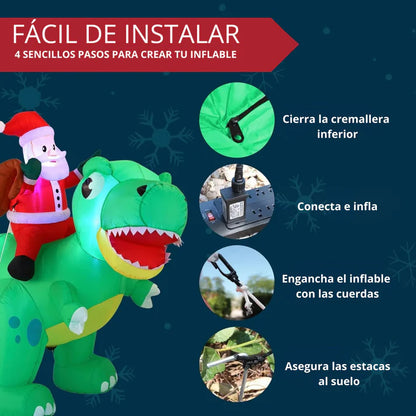 Inflable Navideño Dinosaurio con Papá Noel 1,82 m con Luces L